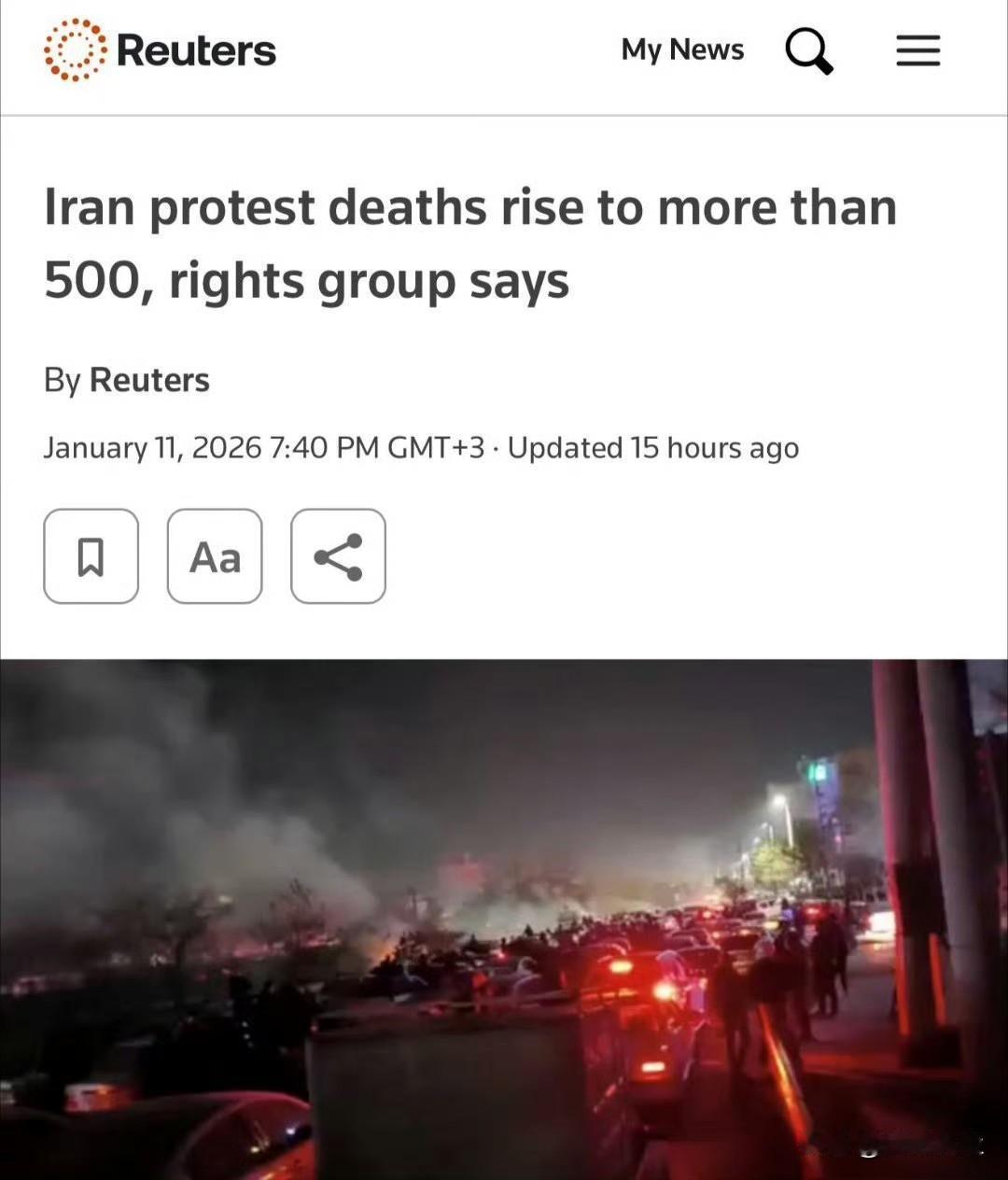 据路透社报道，伊朗抗议活动造成的死亡人数已超过500人。 ​​​