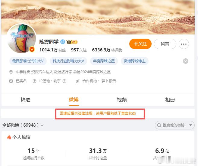 【陈震全网粉丝超2400万陈震多平台被禁言】12月4日深夜，知名车评人陈震多个社
