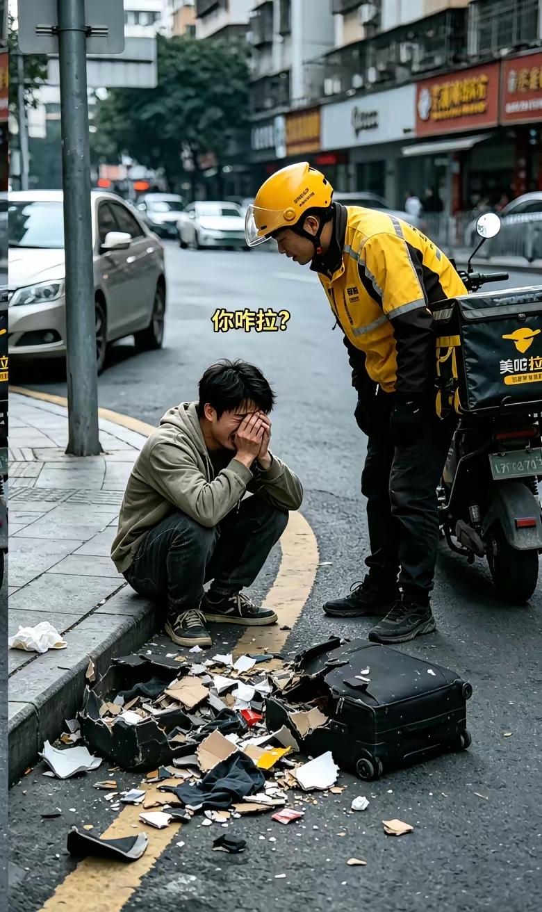 深圳街头，一位19岁小伙蹲在路边崩溃大哭，行李被车压碎，身无分文。路过的外卖小哥