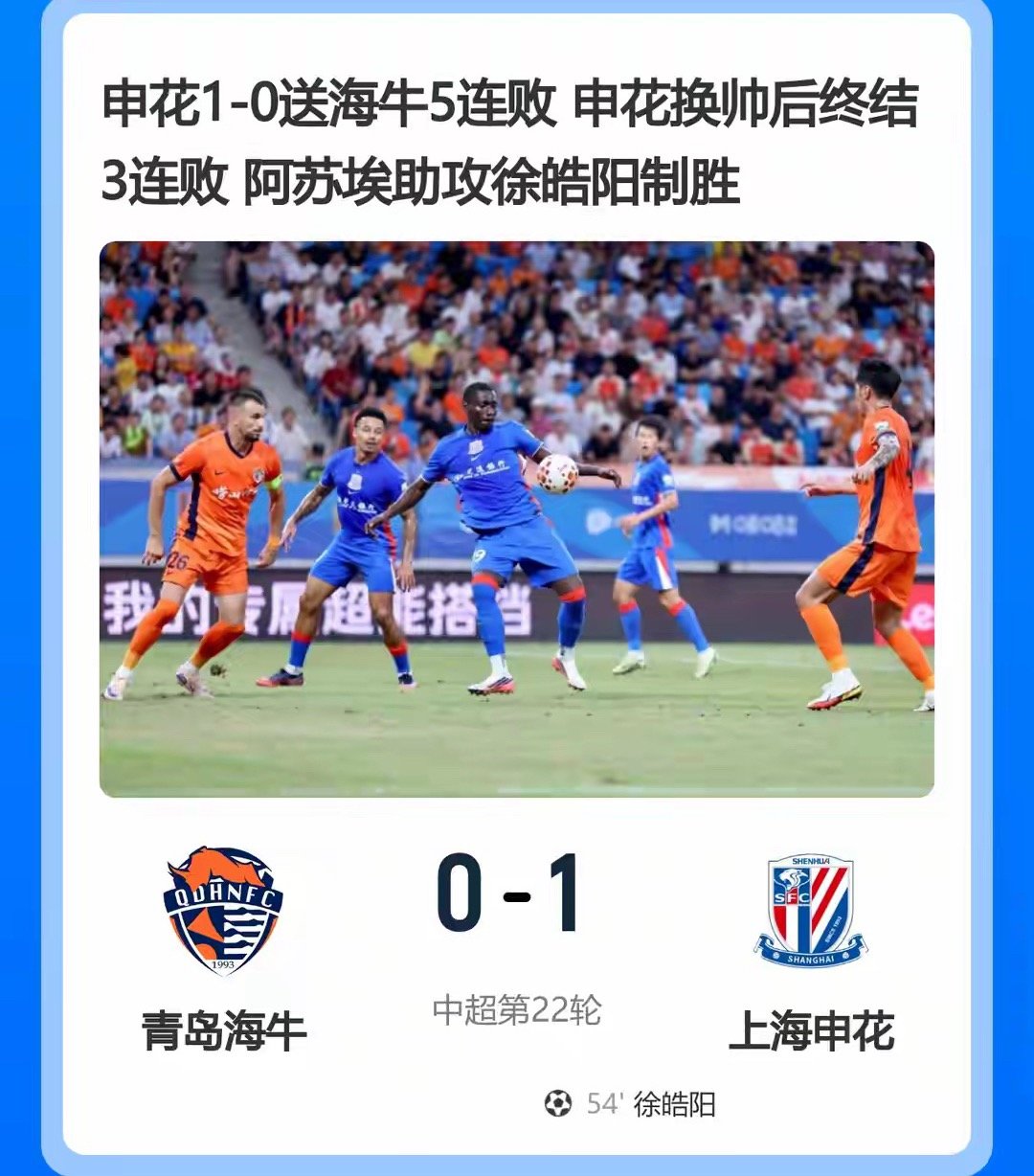 申花1比0终结三连败中超联赛第22轮，青岛海牛坐镇青岛青春足球场对阵上海申花。上