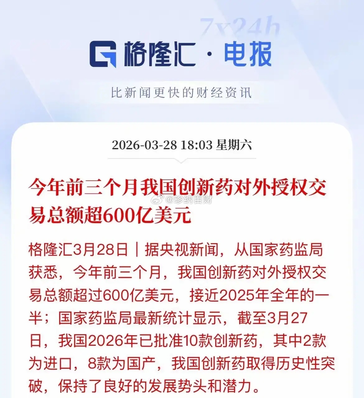 创新药大消息。创新药从烧钱讲故事，现在逻辑变了，一季度的成交额，是实实在在的答案
