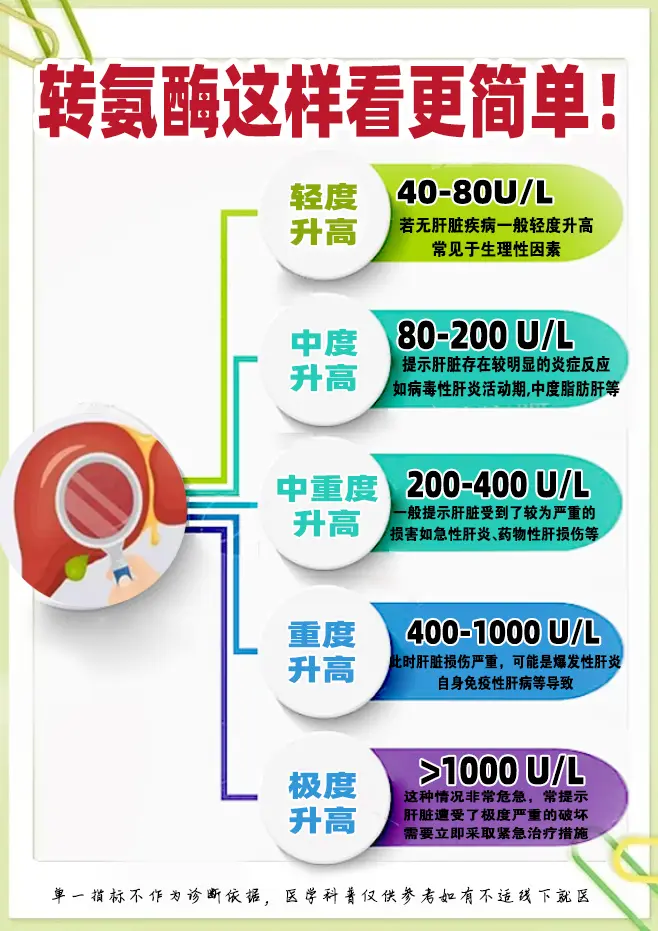 转氨酶这样看更简单！  转氨酶轻度升高，如果没有肝脏方面的疾病一般是一...