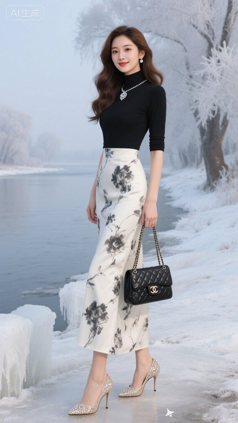 东方美女底妆通透，沙漏型身材凹凸有致，黑色高领中袖紧身上衣搭钻石胸针，白色水墨大