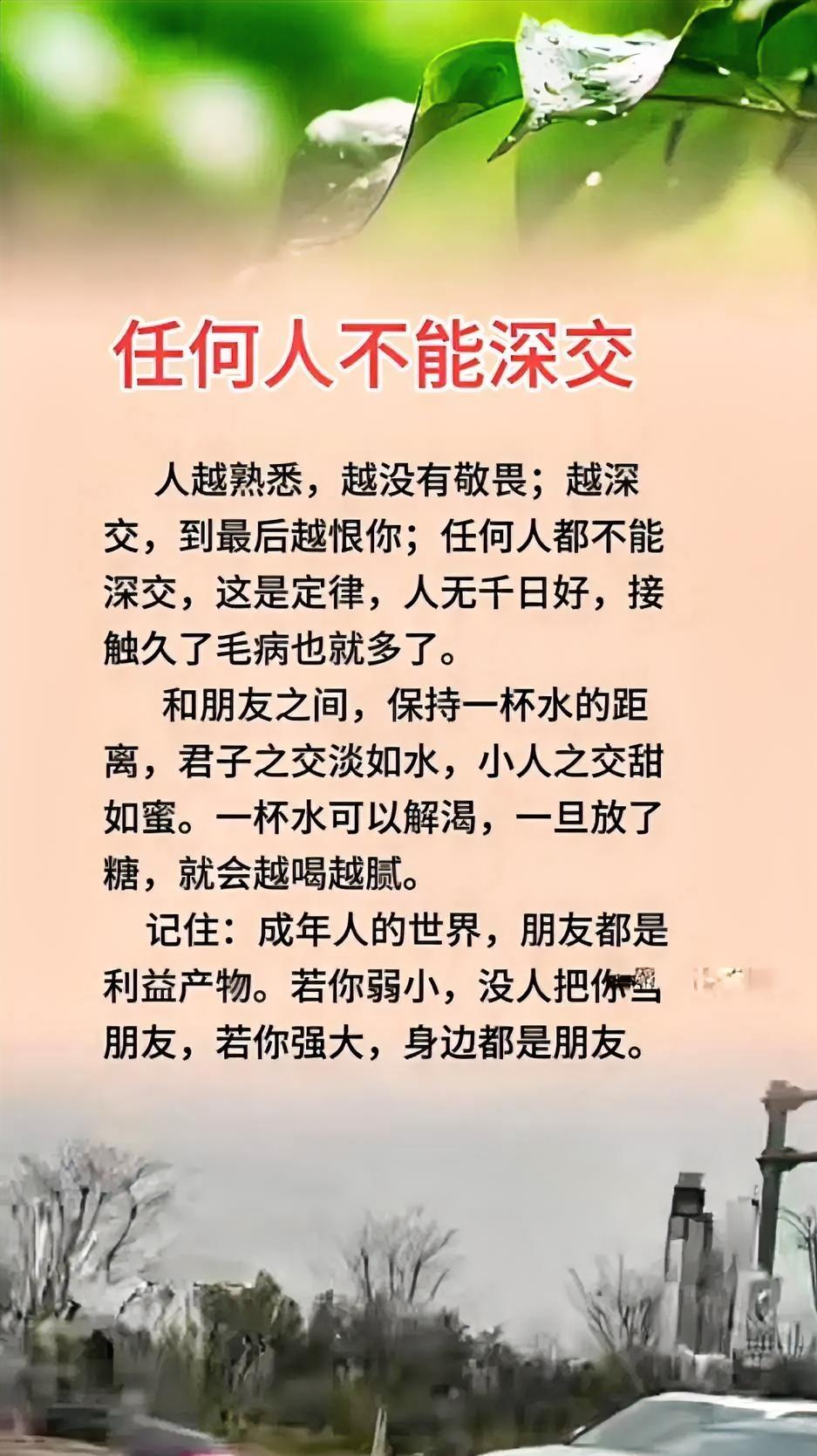 道不同，不相为谋；志不同，不必深交。人心隔肚皮，交友需谨慎。
跟陌生人一起自驾游