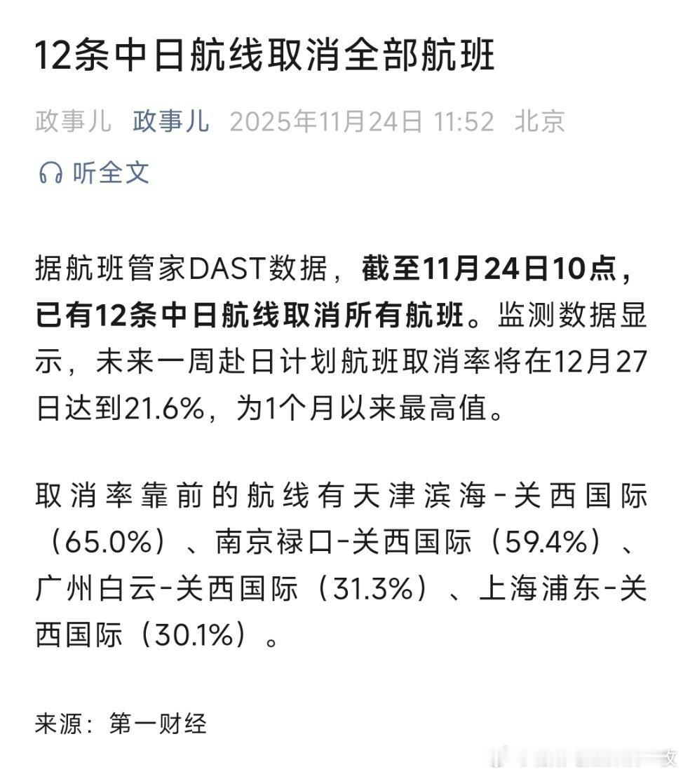 据航班管家DAST数据，截至11月24日10点，已有12条中日航线取消所有航班。
