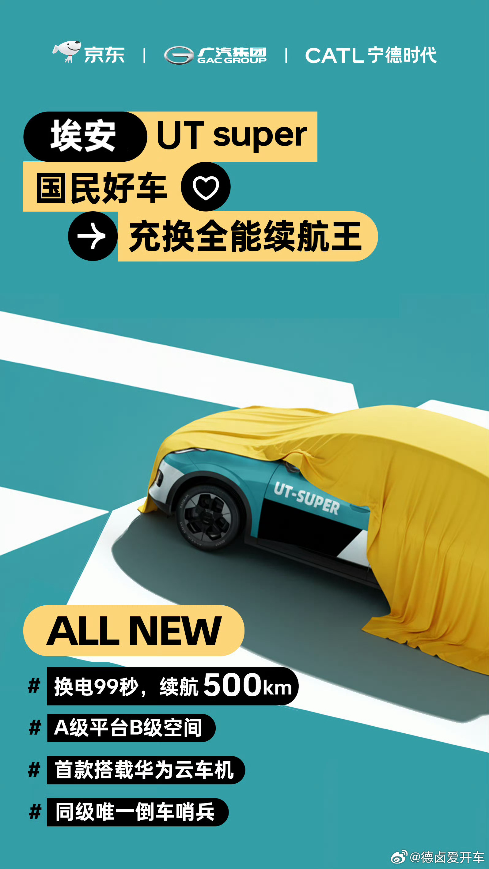 京东汽车×广汽埃安×宁德时代，合作车型命名为 埃安UT super，产品申报CL