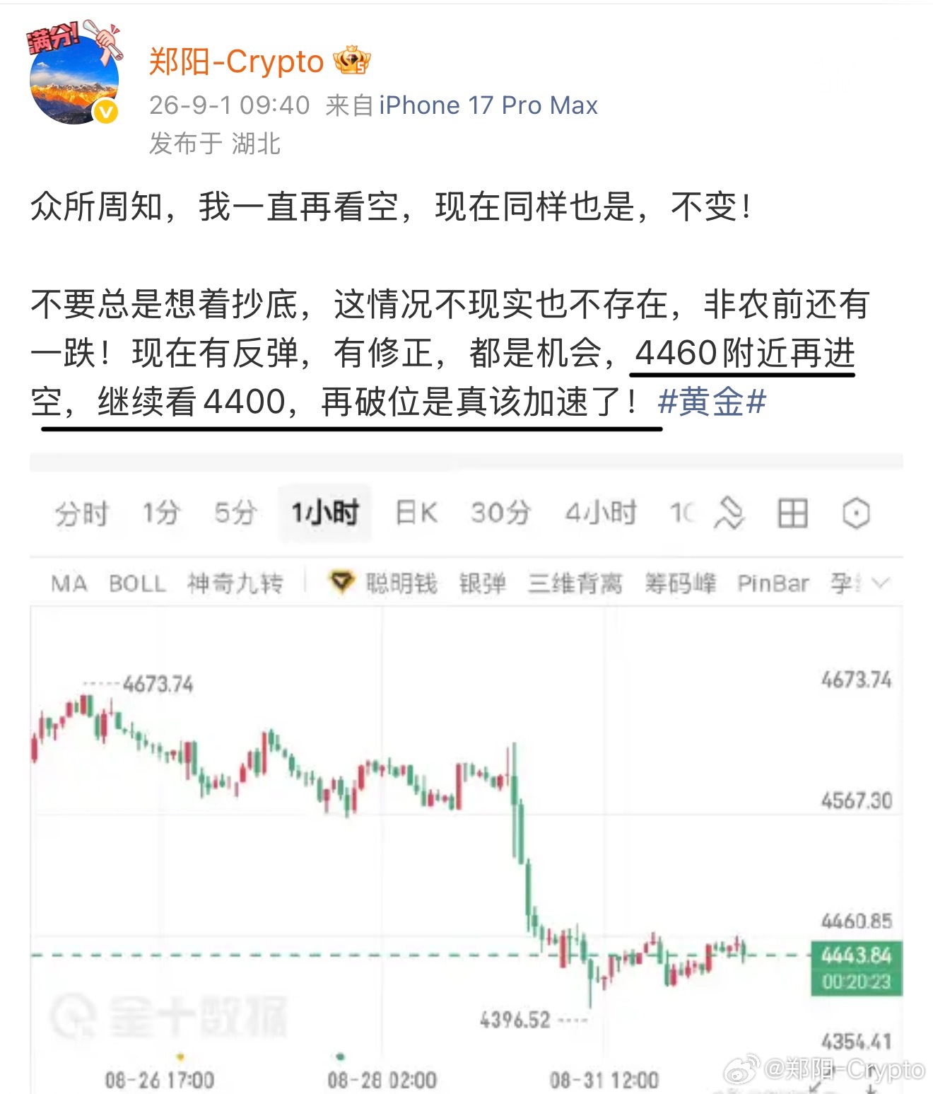 大丰收！4440上方一直空，确认跌势之后，不管是公开还是私下都在进，这4波洛带3