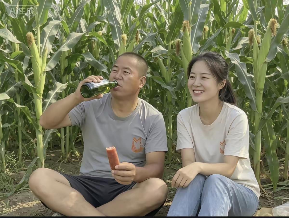 农闲心情有，
田头在喝酒。
夫妻幸福多，
生活小康走。