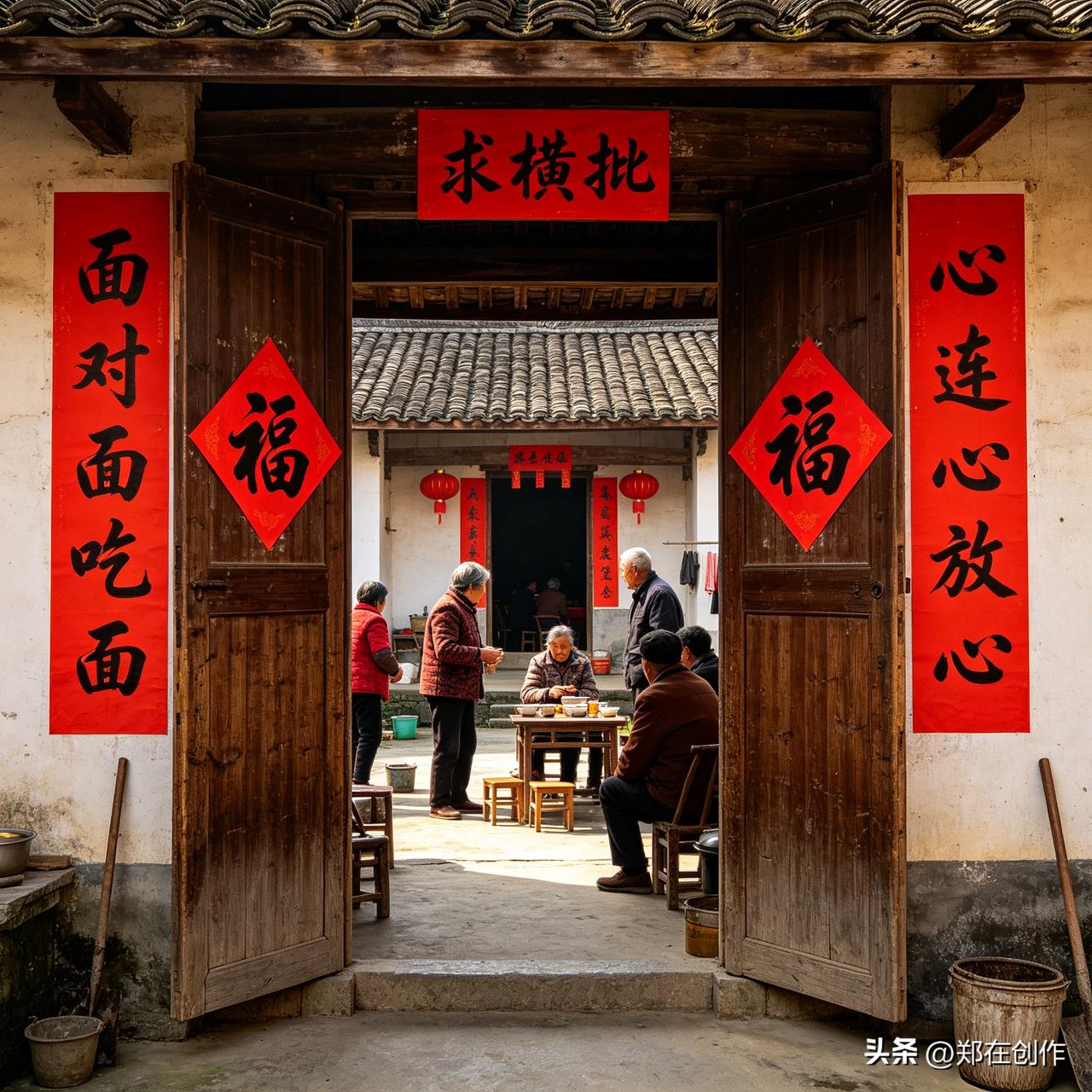 此联上联面对面吃面，写相聚同餐、围坐共食的烟火日常；下联心连心放心，道彼此相知、