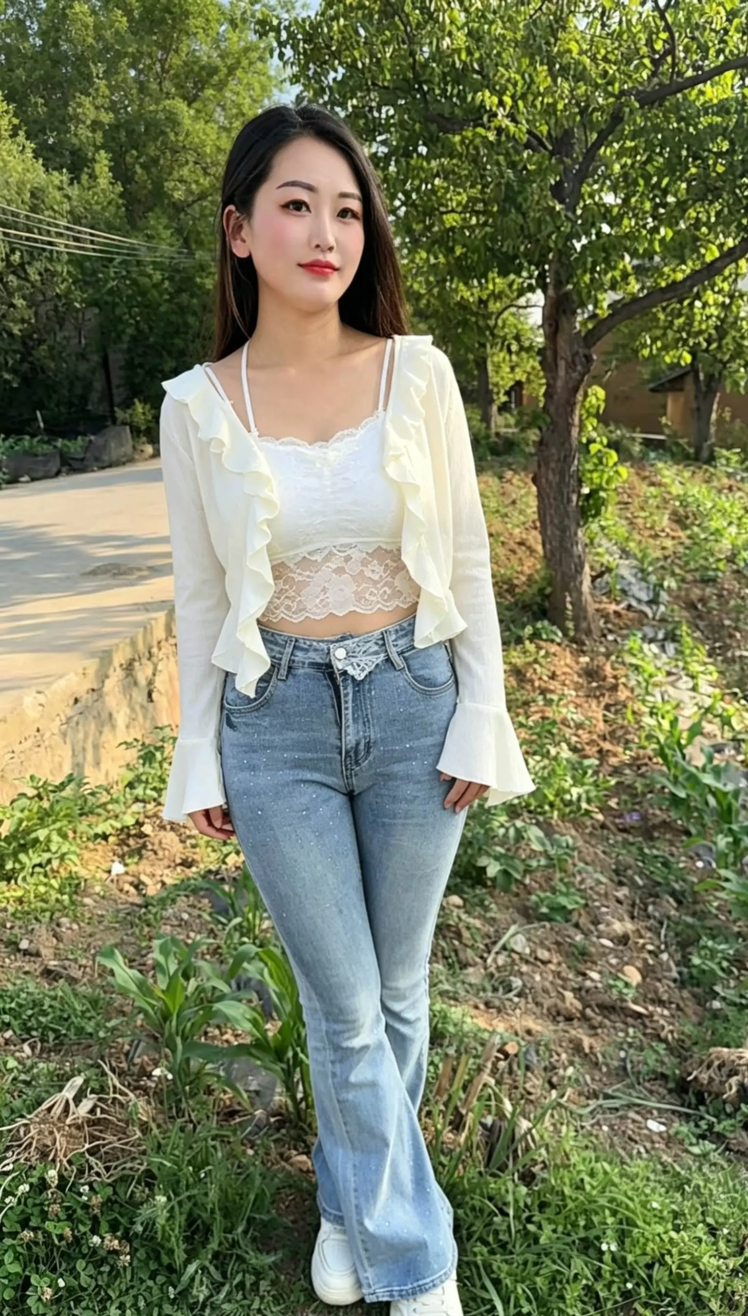 乡村姑娘生活记录 乡间甜美穿搭 温柔牛仔裤