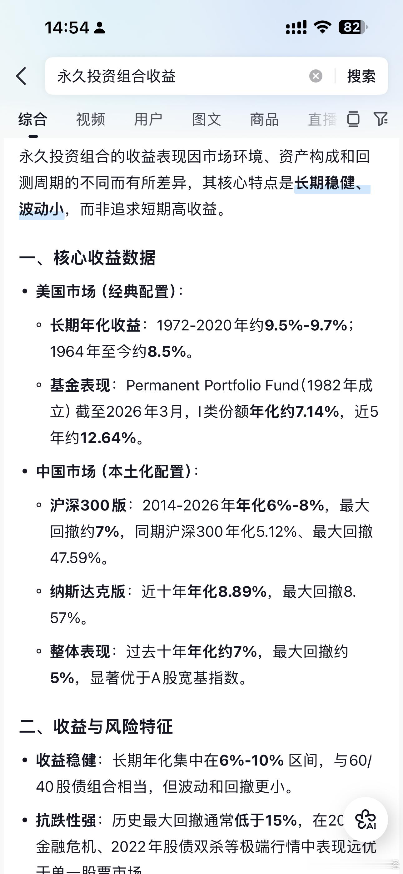 永久组合的核心特点是长期稳健、波动小，而非追求短期高收益。关键是经历过市场的验证