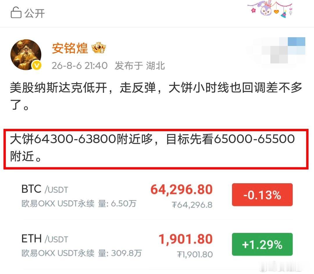 对着时间看走势，比特币在64200附近哆看65000附近的话也是给到了，保守的话