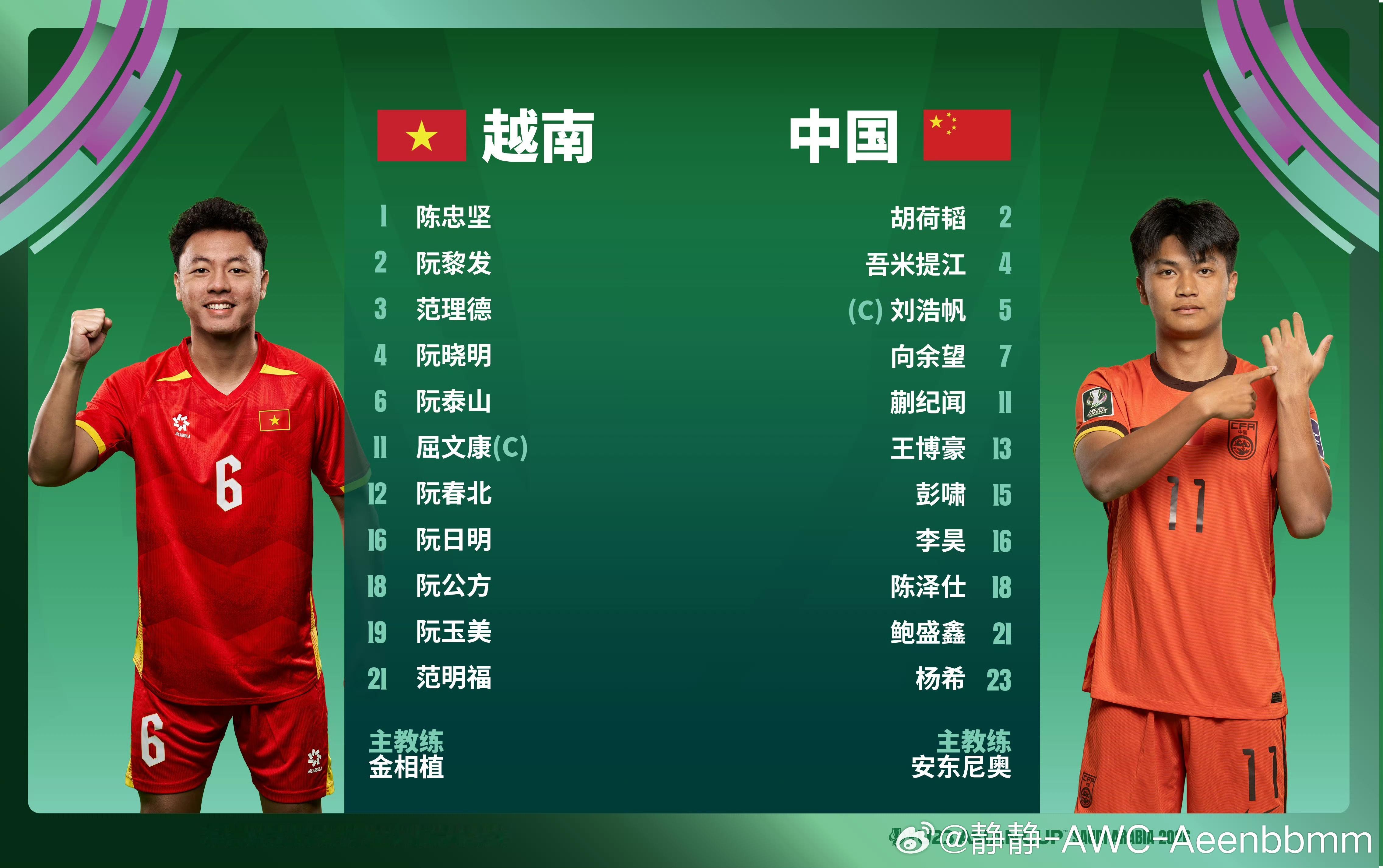 中国U23半决赛首发：刘浩帆（C）领衔，陈泽仕、向余望、蒯纪闻迎首次首秀，徐彬替