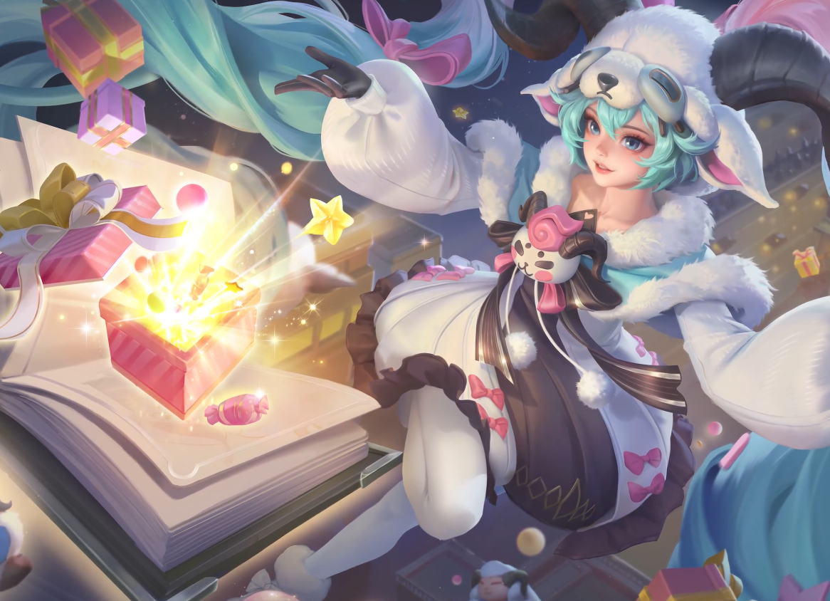 她来喽~安琪拉国际服的小羊羔。1月1号0点开启6R秒杀。安琪拉秒杀皮肤糖果风暴安