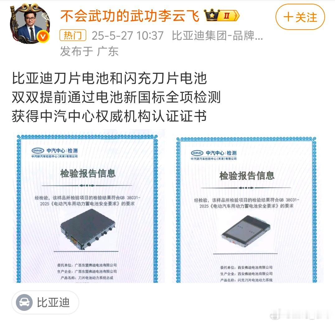 比亚迪刀片电池或提前通过新国标比亚迪刀片电池与闪充刀片电池提前通过新国标全项检测