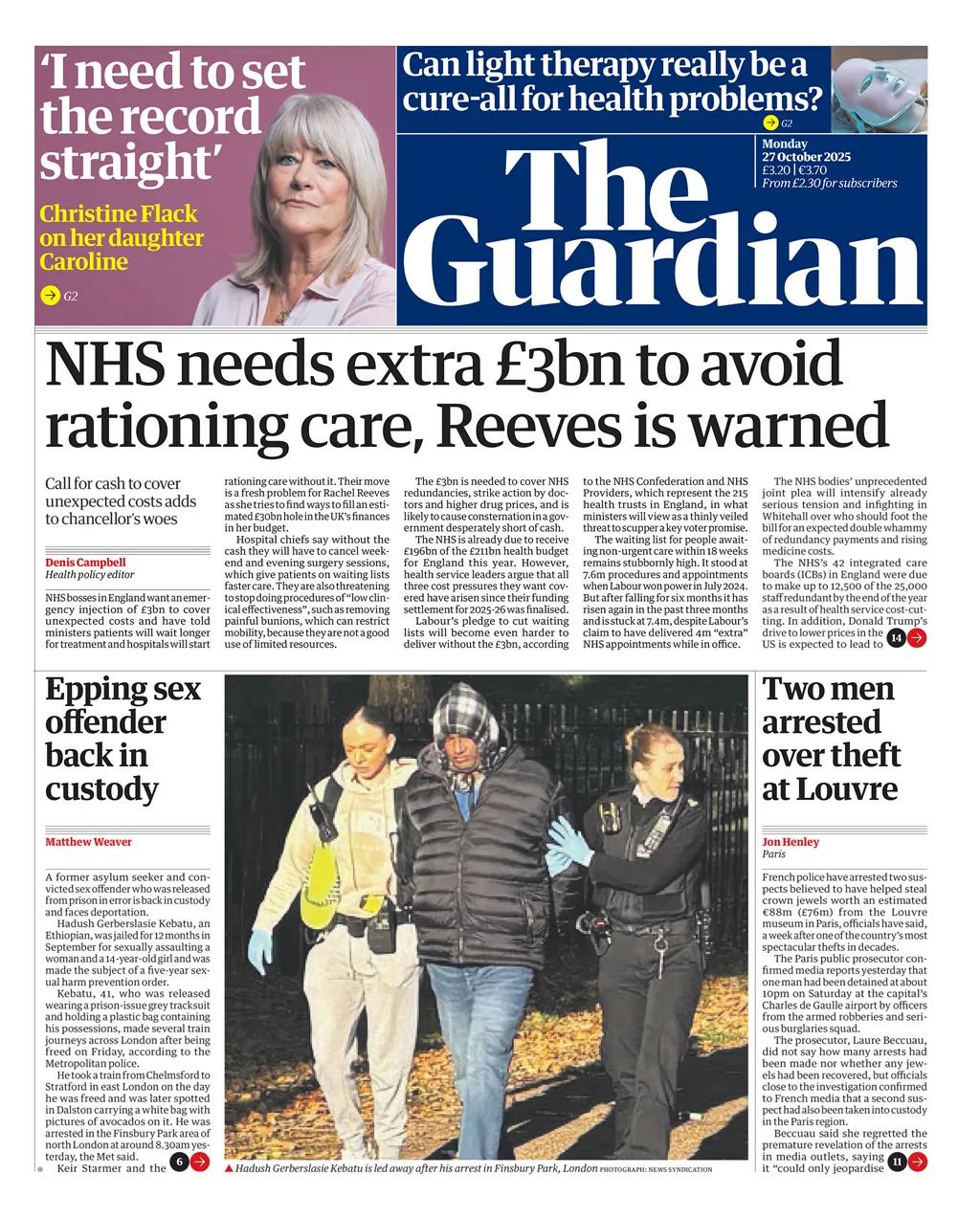 《卫报》称，英国医疗系统出现财政恶化，英格兰的国家医疗服务体系（NHS）主管希望