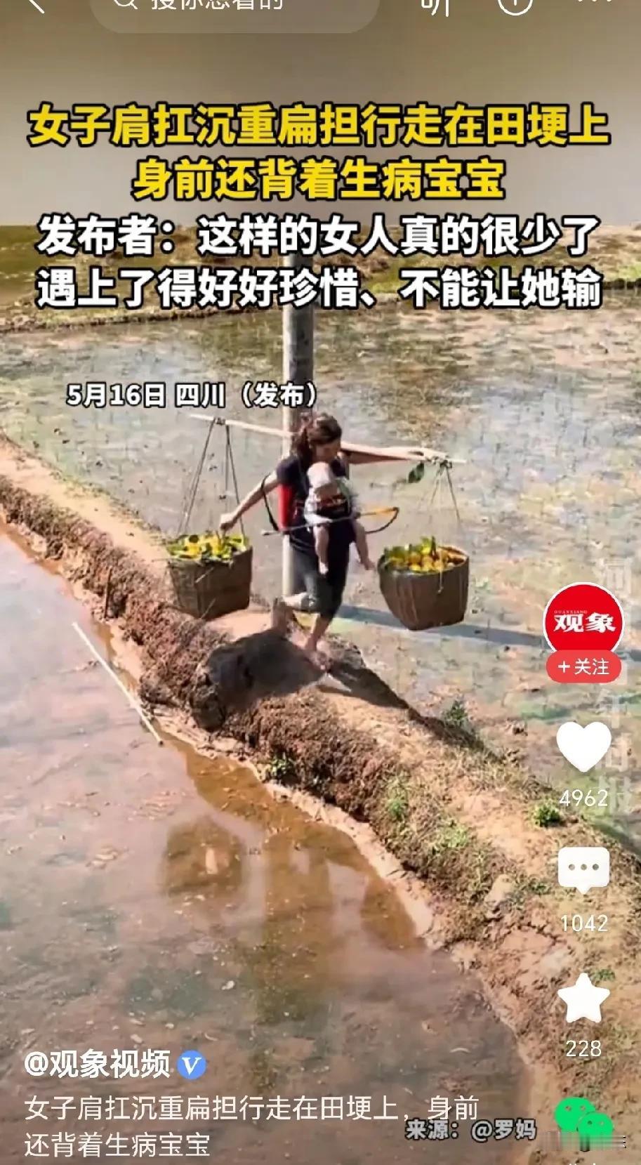 女子去果园给丈夫送饭，看到丈夫累到睡着，她悄悄扛起沉重的扁担，带着生病的孩子，以
