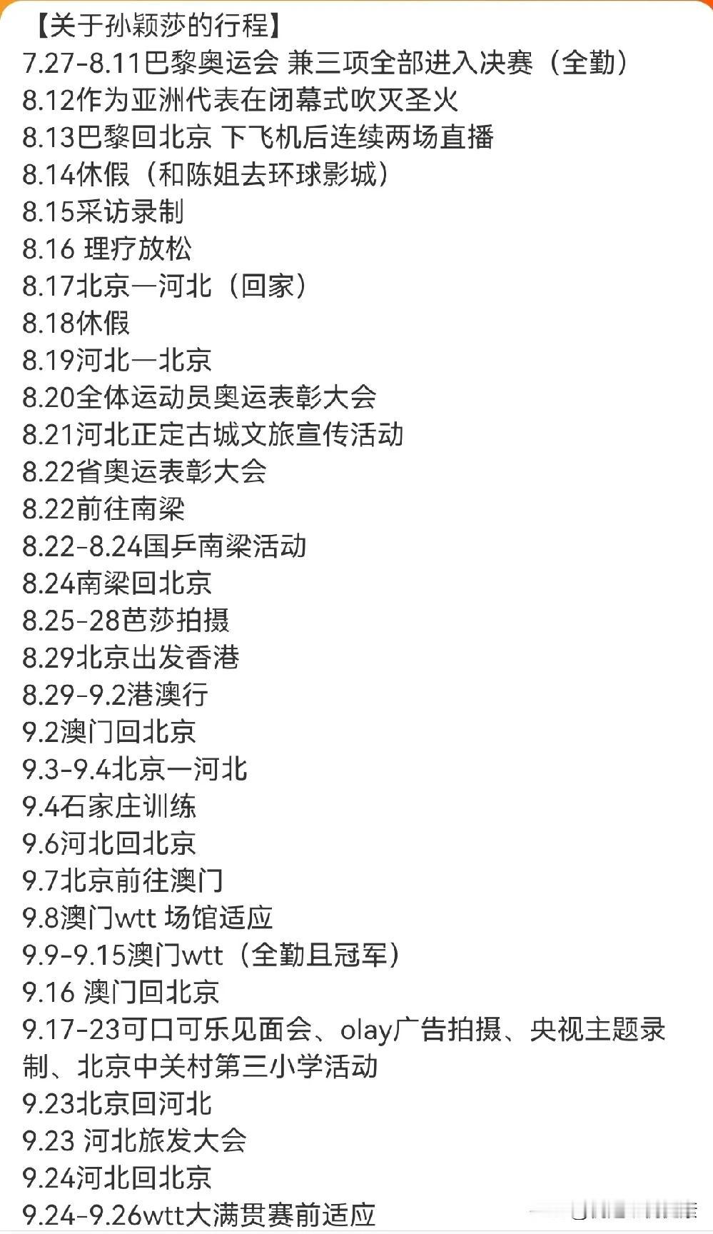 孙颖莎行程，从奥运会到亚锦赛！孙颖莎从7月27号到10月11日大致的行程信息。不