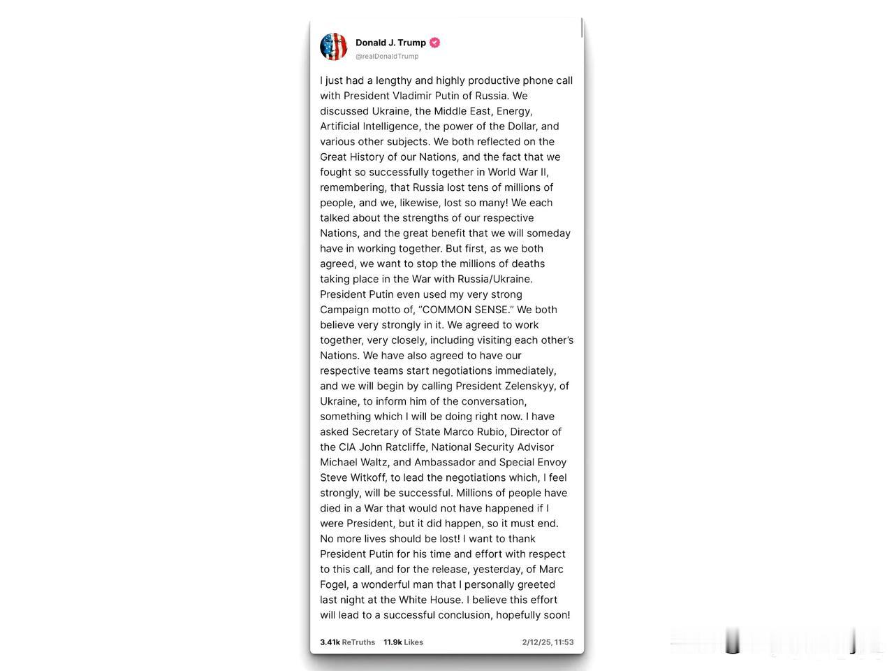 特朗普全文发布与普京的电话内容:
“我刚刚与俄罗斯总统弗拉基米尔·普京进行了长时