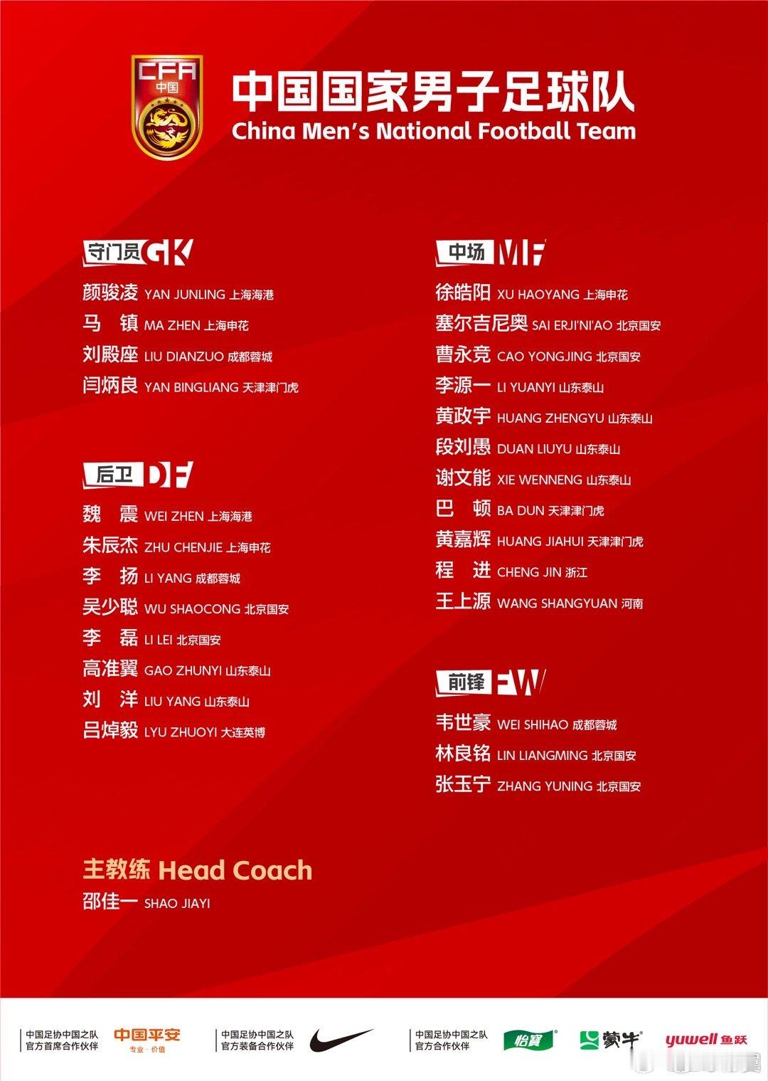 申花队朱辰杰，徐皓阳，马镇入选最新一期国足大名单。刚刚退役的于汉超出任训练员教练