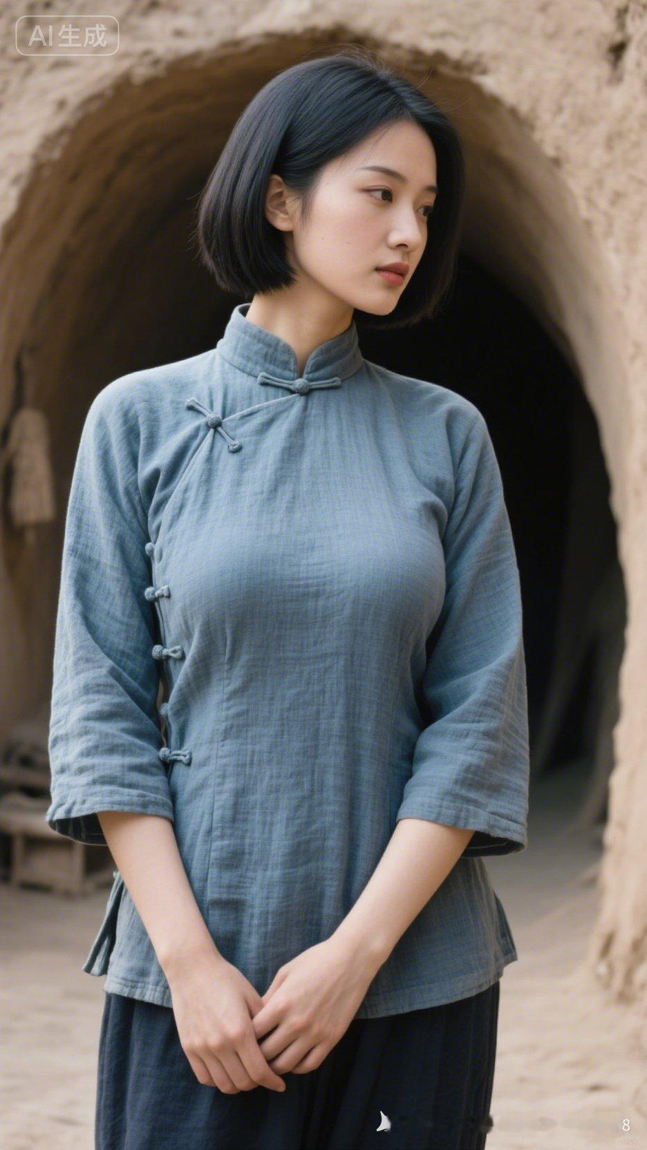 复古中国风，蓝灰色旗袍，优雅气质，韵味十足。