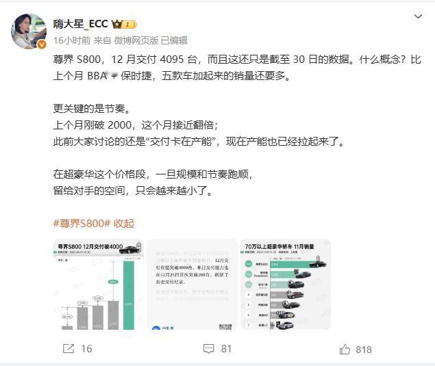 鸿蒙智行尊界S800交付破4千，直接干翻BBA+保时捷五强总和？！

12月交付