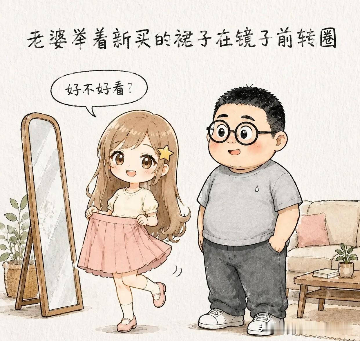趣味漫画：老婆举着新买的裙子在镜子前转圈：「好不好看？」老公头都没抬：好看。老婆