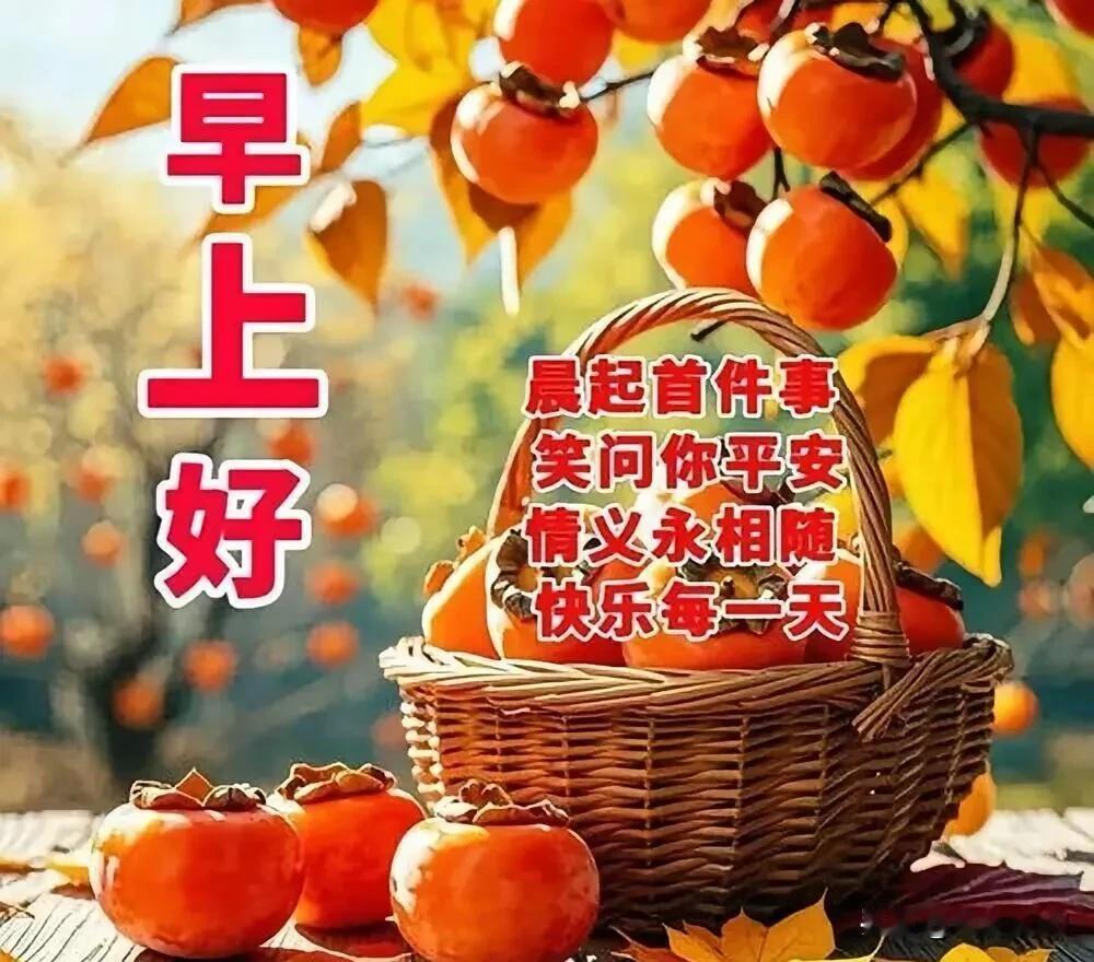 秋柿挂满枝，晨光送安康。早上好，愿事事如意，日日欢喜。