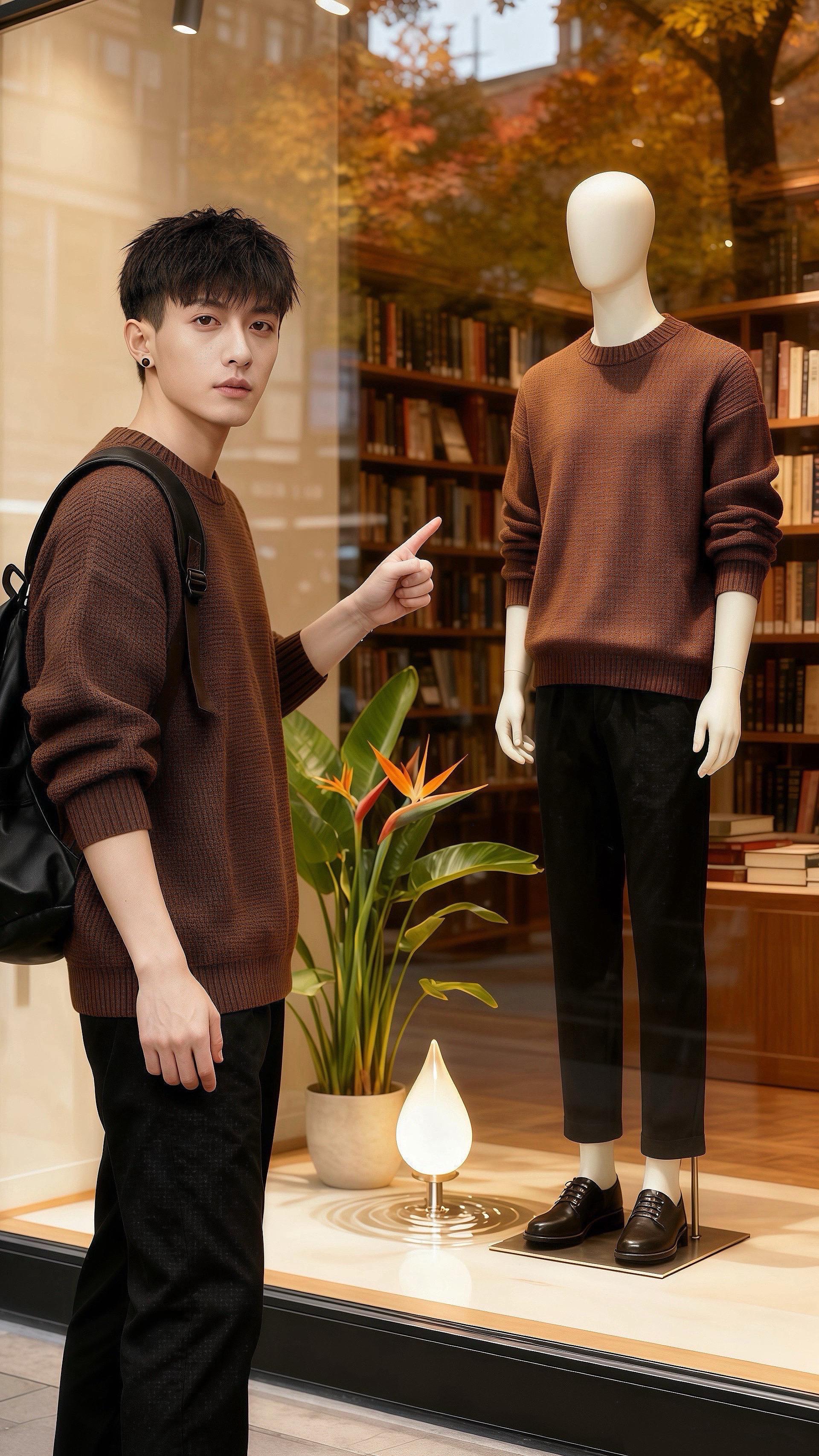 午后的咖啡馆里，阿哲蜷在皮质沙发里翻杂志，焦糖棕的华夫格毛衣裹着肩线...