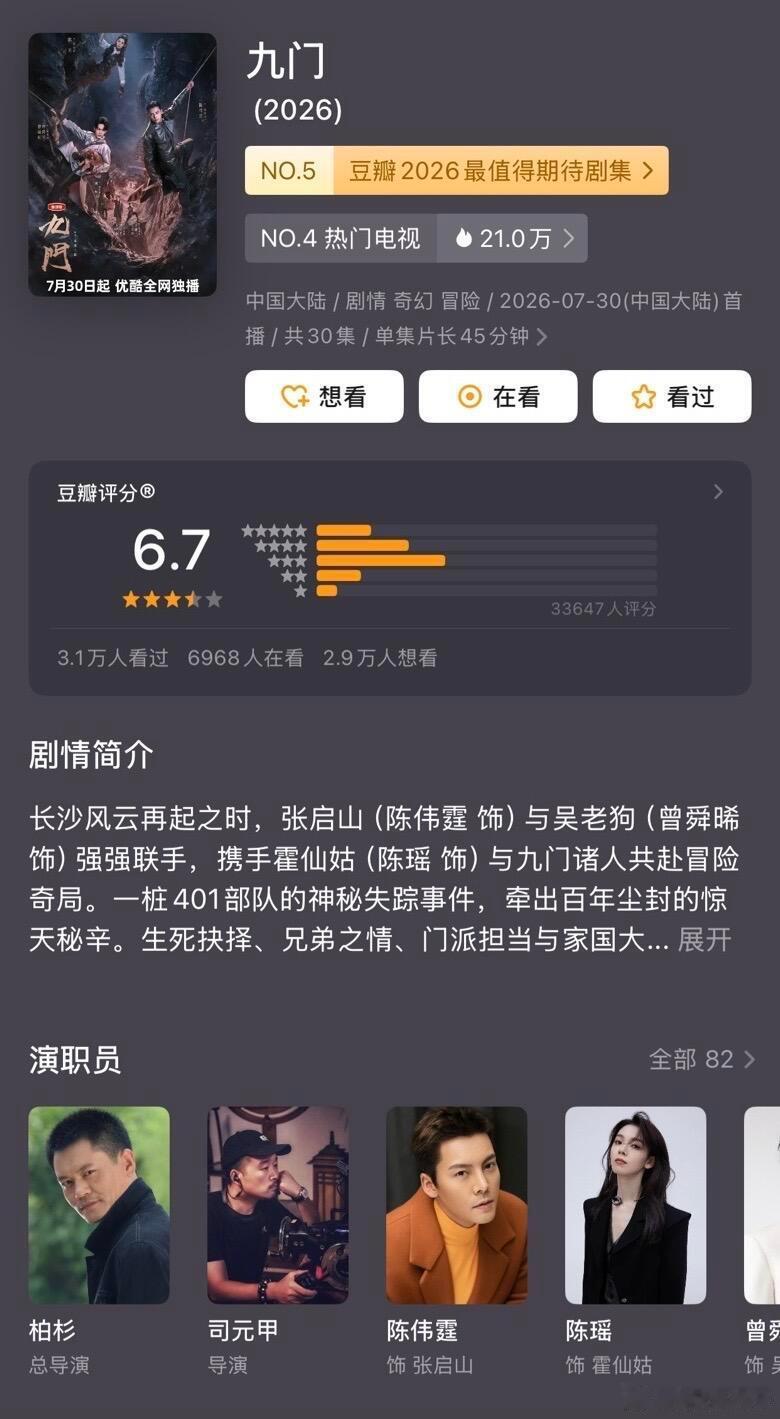 豆瓣今日开分剧集黄景瑜、蒋奇明《重器》豆瓣开分7.4丁禹兮、邓恩熙《花开锦绣》豆