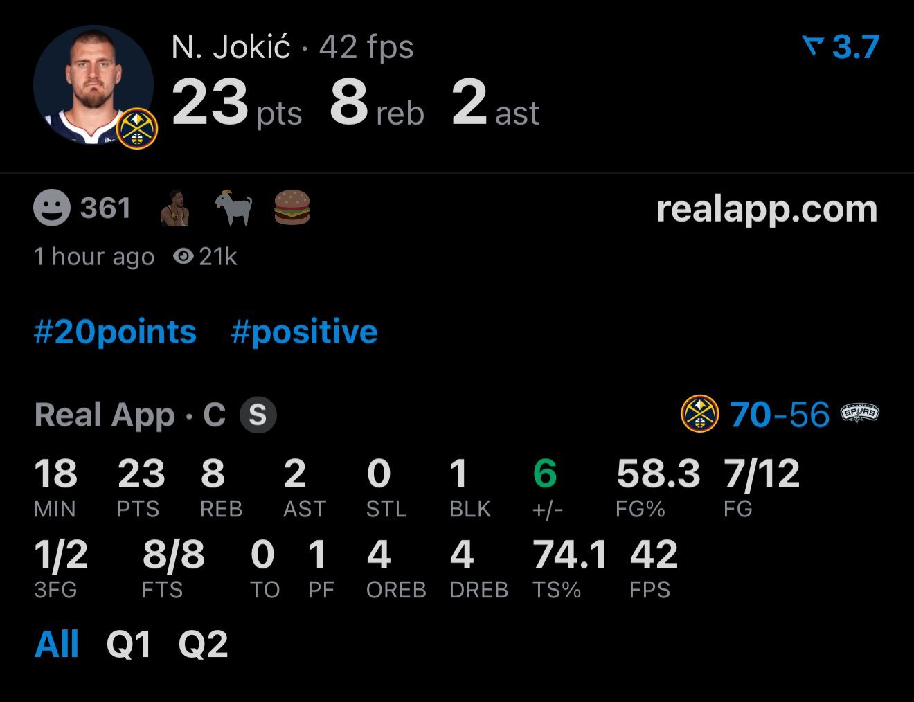 约基奇半场出战18min，达到65场出勤，看看下半场还打不打掘金vs马刺NBA