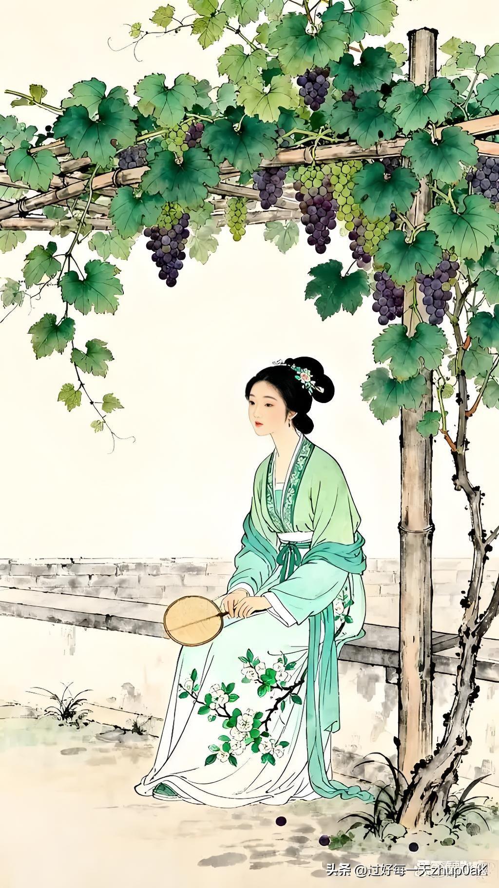 《题葡萄图》
——明·徐渭
半生落魄已成翁，
独立书斋啸晚风。
笔底明珠无处卖，