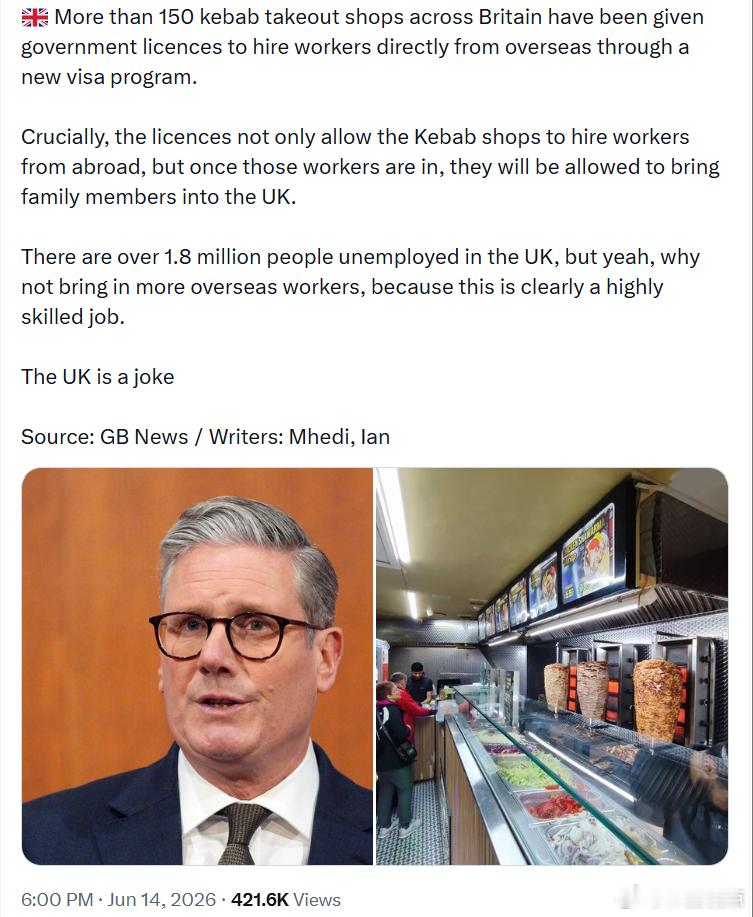 英国已有超过150家烤肉外卖店获得政府许可，可以通过一项新的签证计划直接从海外招