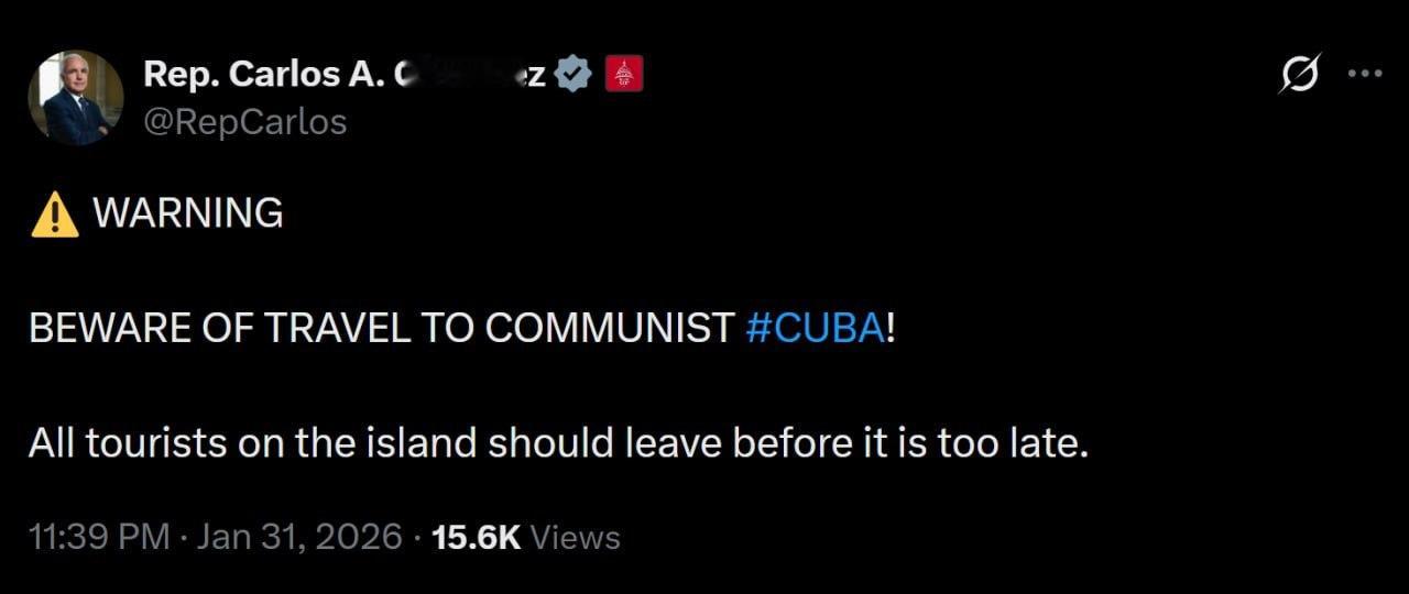 共和党众议员卡洛斯·A·希门尼斯：警告切勿前往古巴旅行！  所有身处该岛的游客应