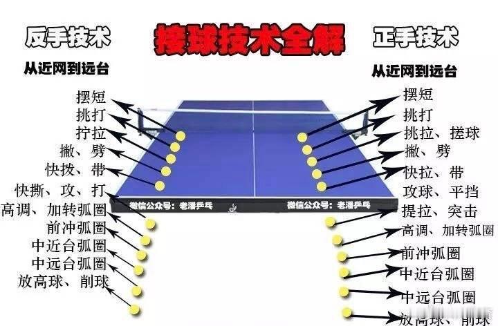 一张图简明扼要搞懂乒乓球全部技术一、发球技术1. 正手发球：上旋发球，下旋发球，