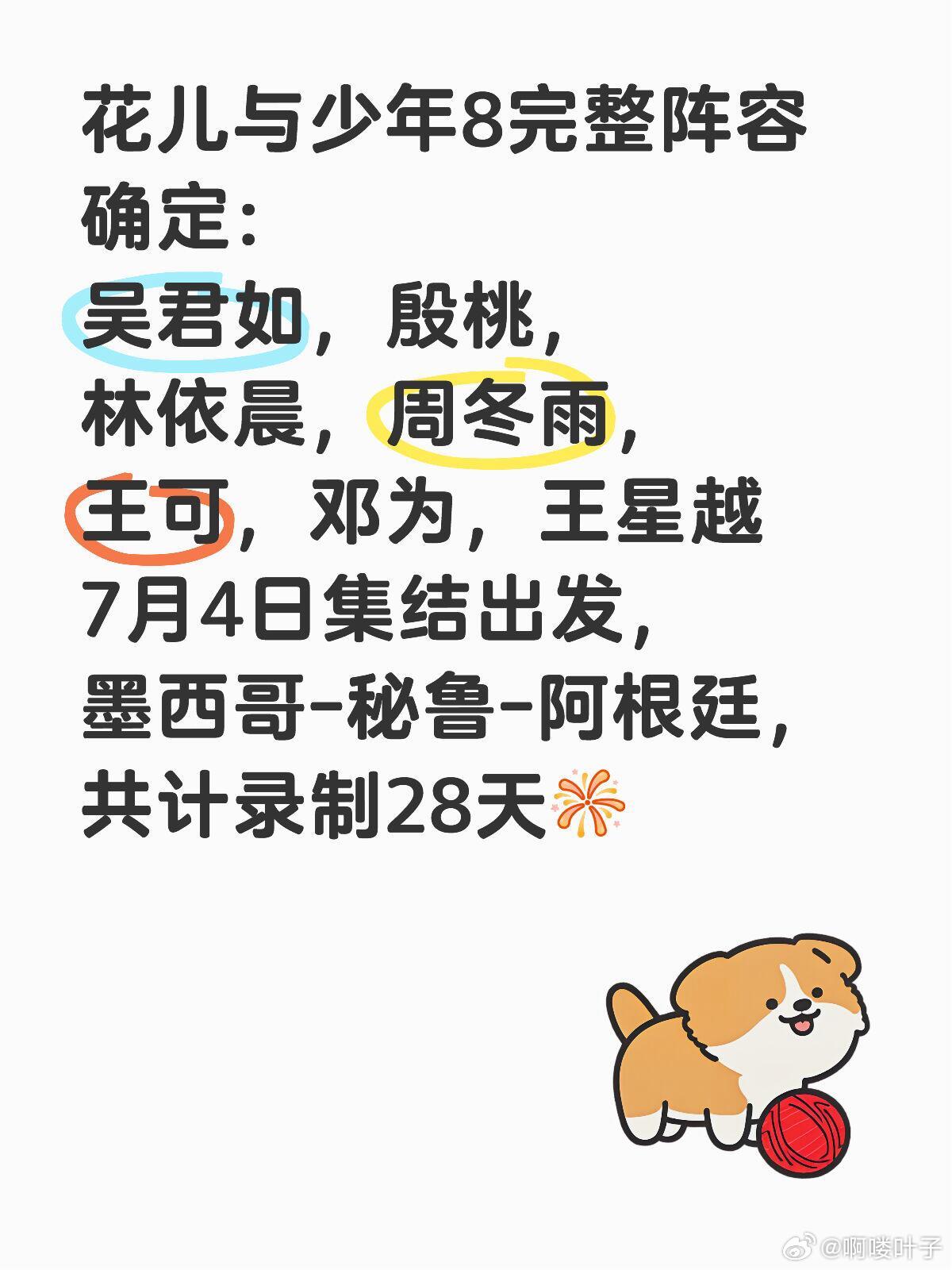 花少8✅阵容确定 期待姐姐弟弟的旅程花儿与少年8完整阵容确定：吴君如，殷桃，林依