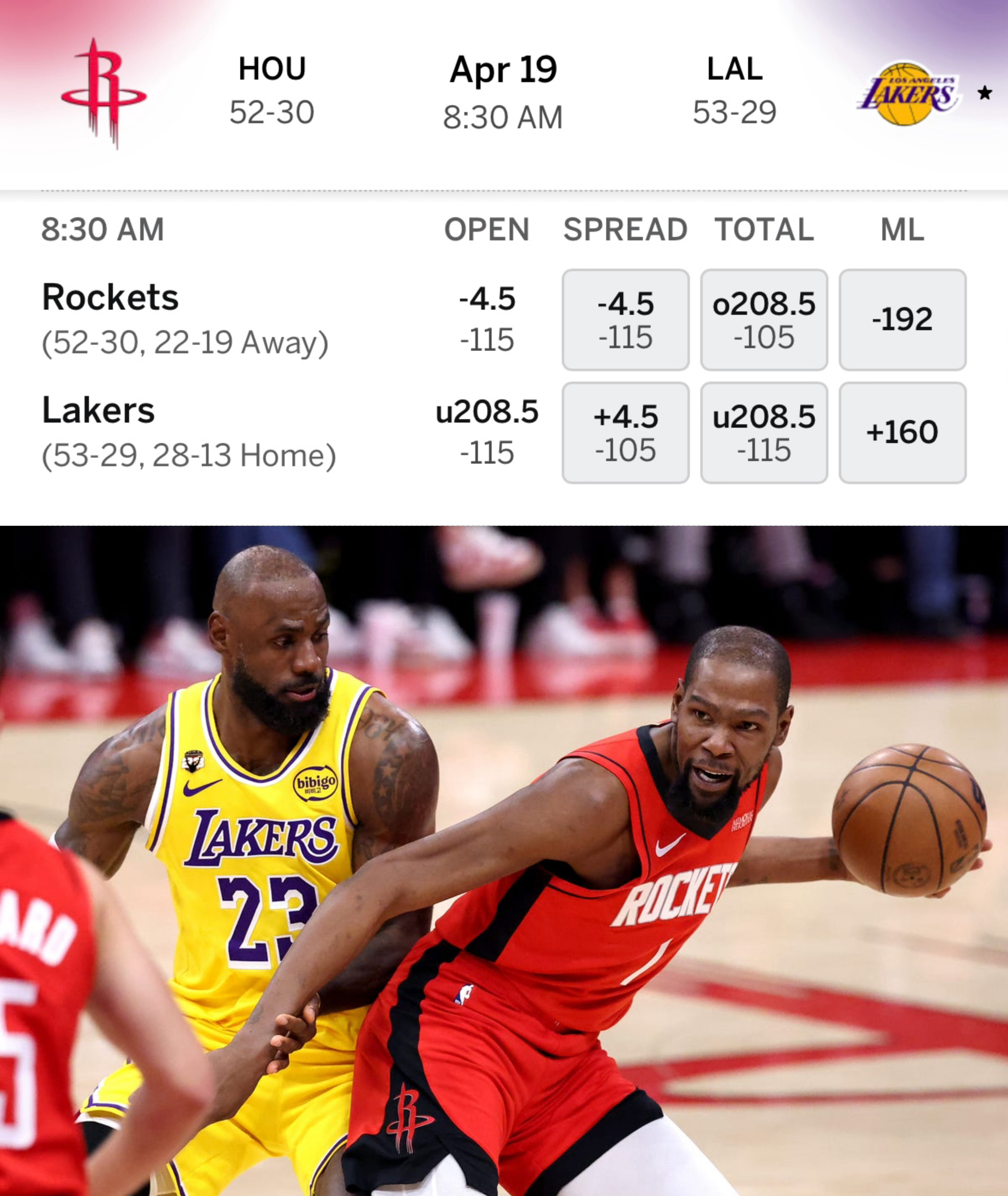 湖人与火箭的Game1指数已经公布：湖人主场+4.5，总分208.5。我看，两队