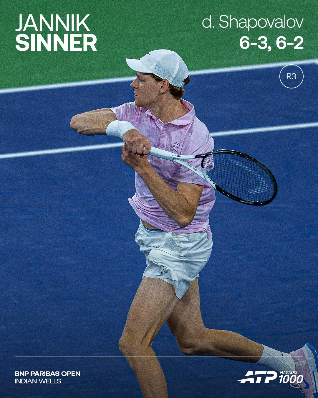 辛纳2比0沙波瓦洛夫  印第安维尔斯大师赛，以6-3/6-2横扫沙波瓦洛夫，第五