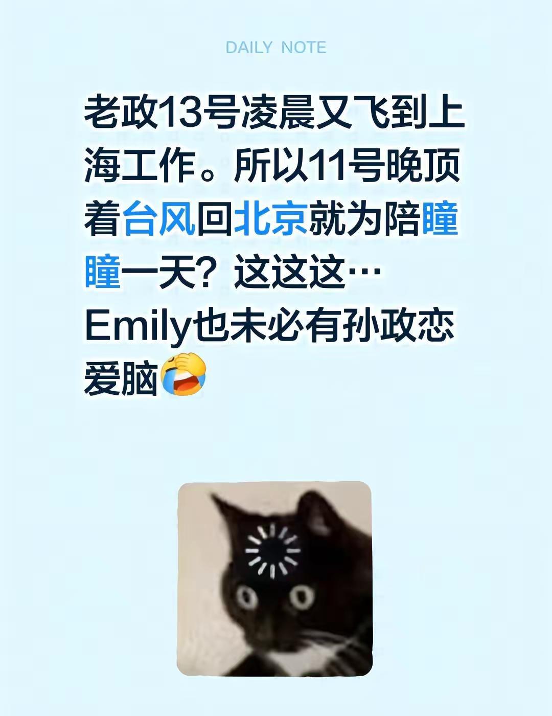 Emily也未必有孙政恋爱脑。老政13号凌晨又飞到上海工作。所以11号晚顶着台风