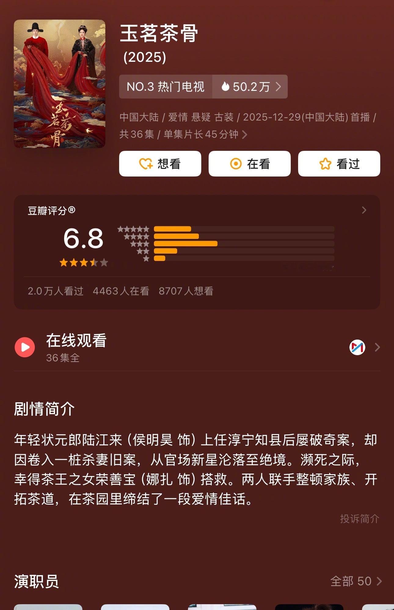 于正《玉茗茶骨》豆瓣开分6.8。你觉得高了还是低了？ 