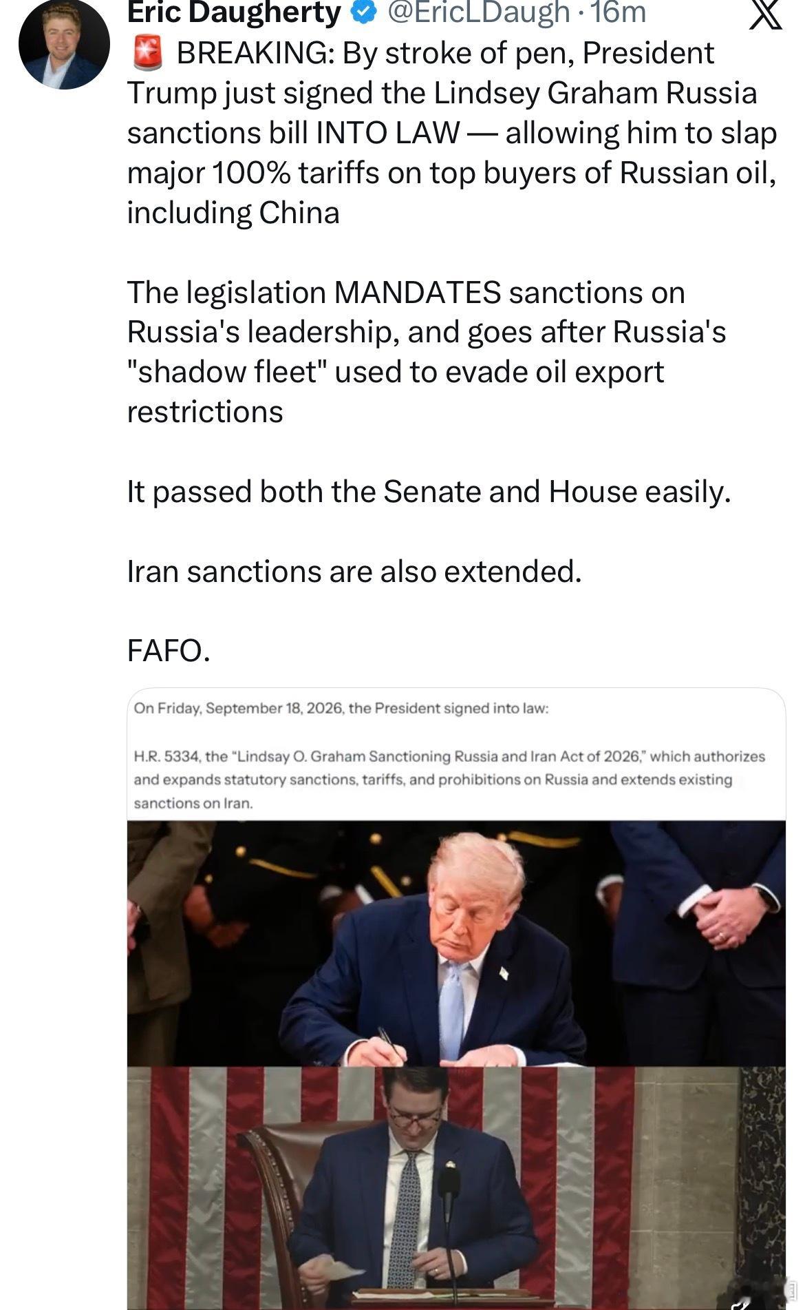 国会通过，川普签署，制裁俄罗斯的法案生效。谁向俄罗斯买油，美国可以加100%关税