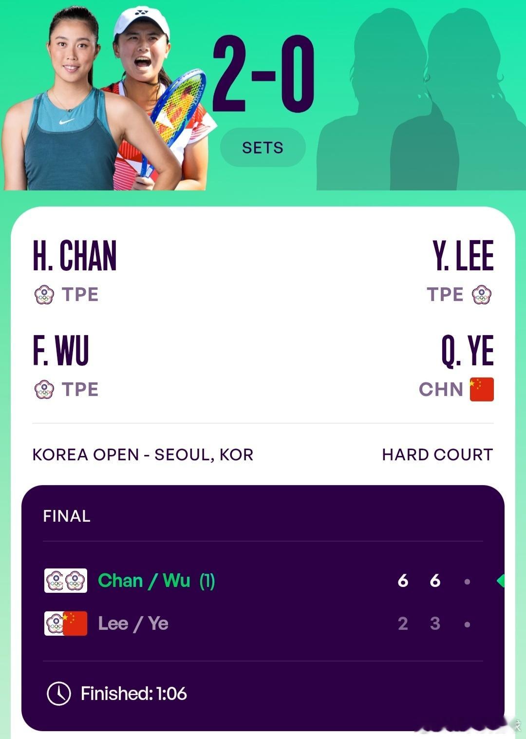 WTA250首尔站🇰🇷女双决赛海峡组合叶秋语🇨🇳/李亚芯(中国台北)2-