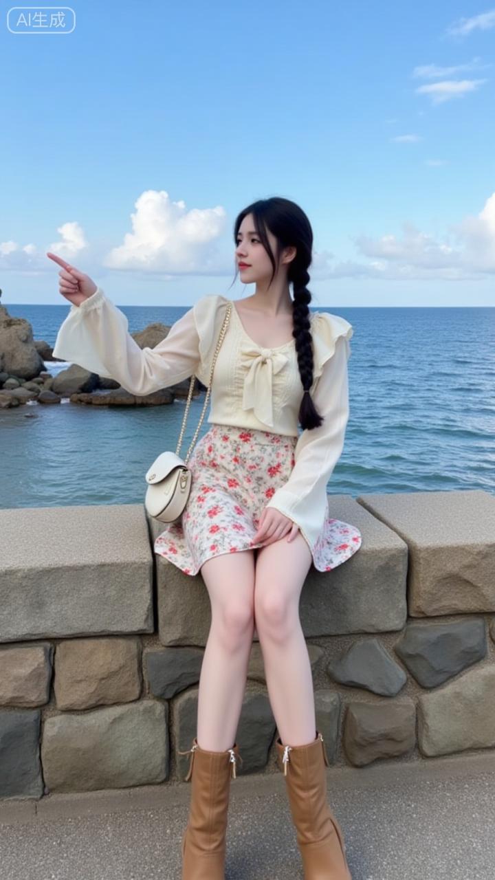 海边石墙上，麻花辫姑娘一袭碎花裙，笑指远方。碧海蓝天为幕，浪花轻卷礁石，清新气息