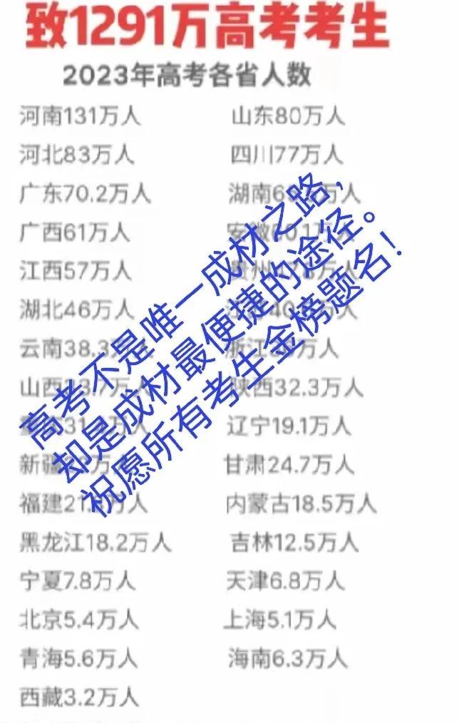河南考生13万人，
北京考生54万人，
上海考生51万人。
高考不是唯一的出路，