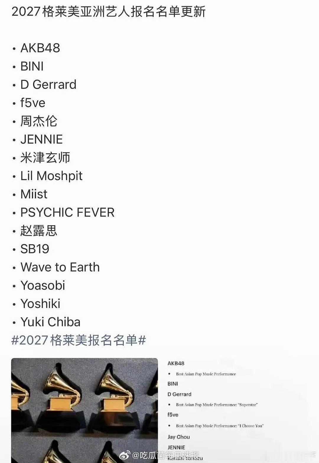 2027格莱美亚洲艺人报名名单更新，周杰伦、赵露思目前是华语乐坛唯二在榜的歌手[
