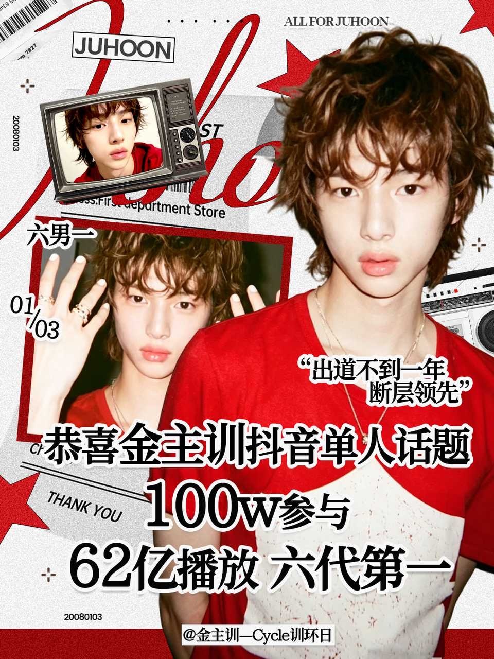 金主训出道仅十个月抖音单人话题参与人数已突破100万大关，播放量高达62亿。位居