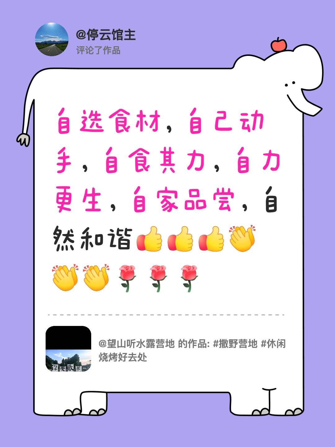 我评论了@望山听水露营地 的作品：
自选食材，自己动手，自食其力，自力更生，自家