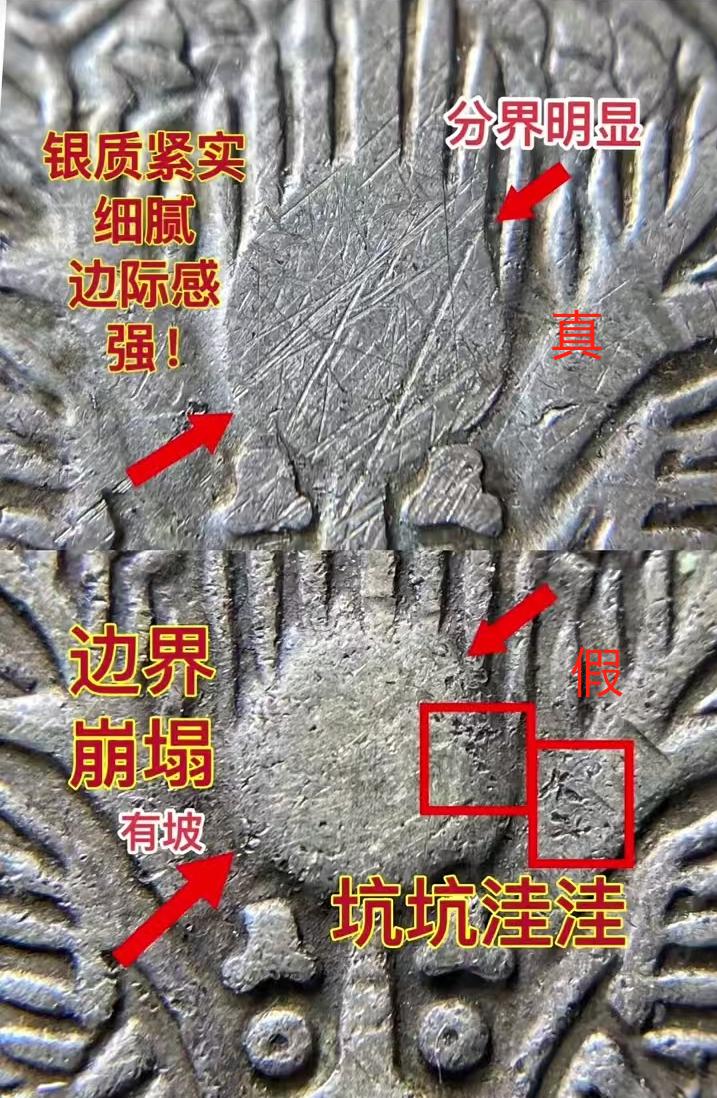 这张图很好地解释了真假龙洋在放大镜下的细节差别，图片来自网络某专业银元玩家，个人