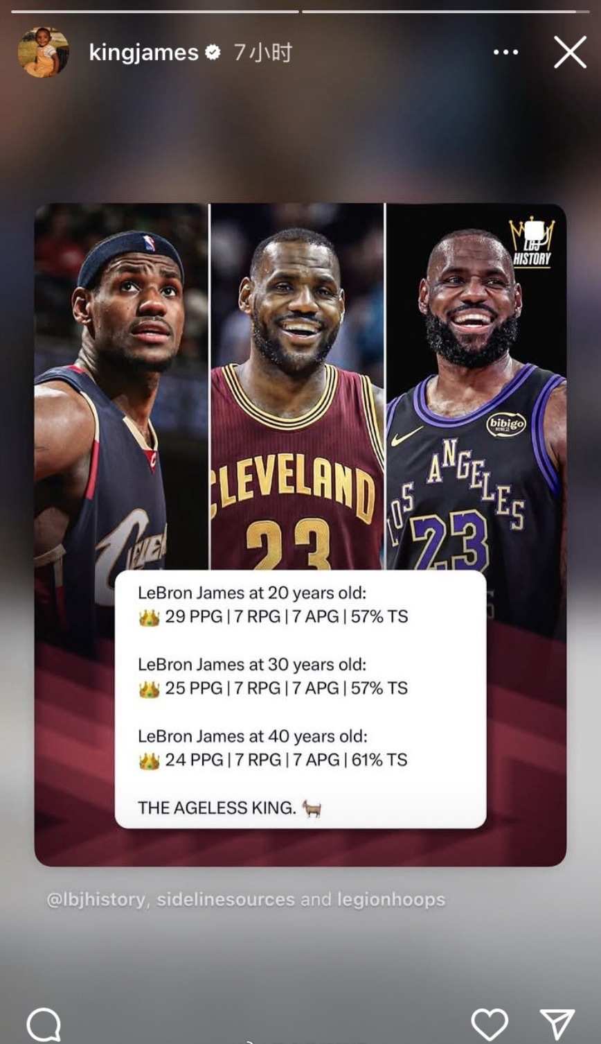 詹姆斯在Ins列出自己在20/30/40岁的数据，并配文“不朽之王.🐐” 