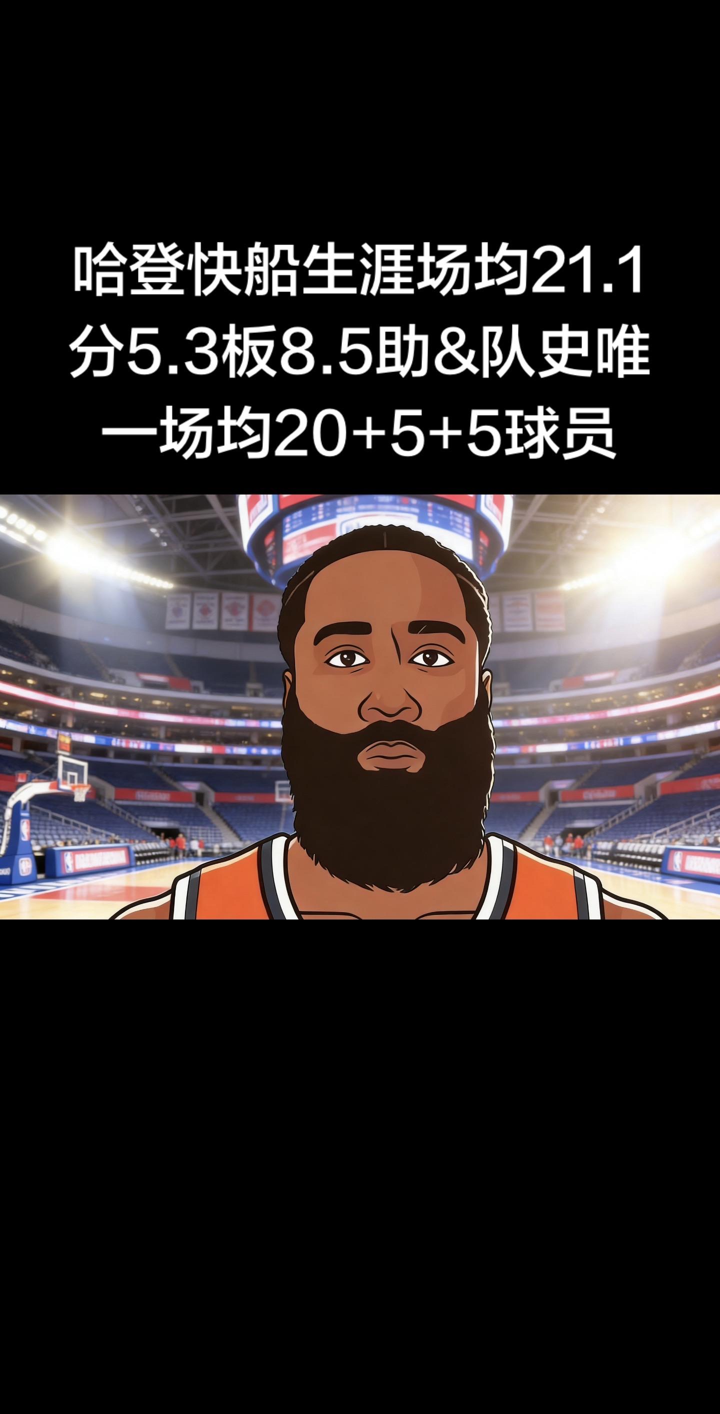 哈登快船生涯数据亮点  • 场均：21.1分 5.3篮板 8.5助攻 ...